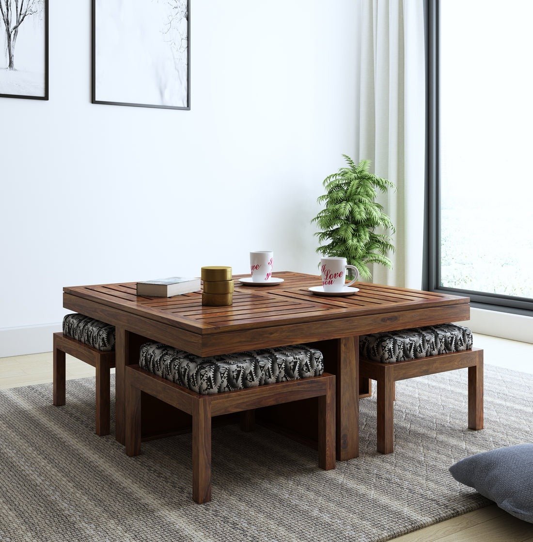 Avian Solid Wood Coffee Table Centre Table With 4 Seating Stool For Living Room. - Torque India